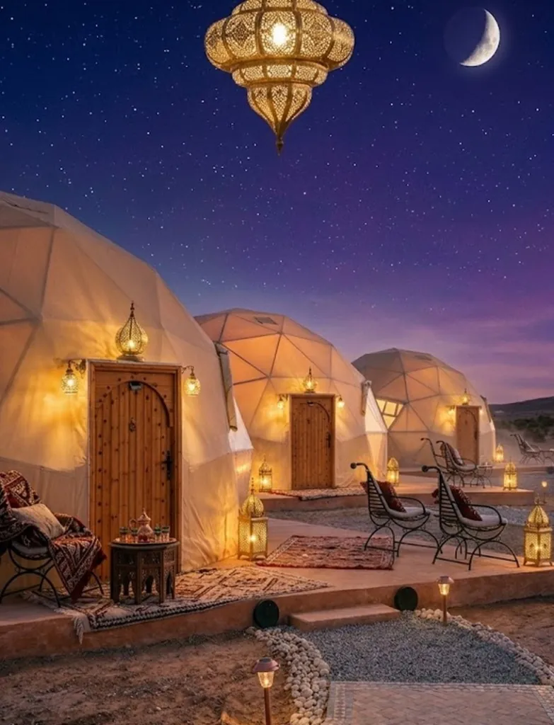 Luxury desert camp in Morocco — geodesic dome glamping tents under starry Sahara sky