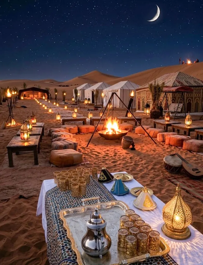 Luxury desert camp in Merzouga at night — traditional Moroccan tea service under the Sahara stars
